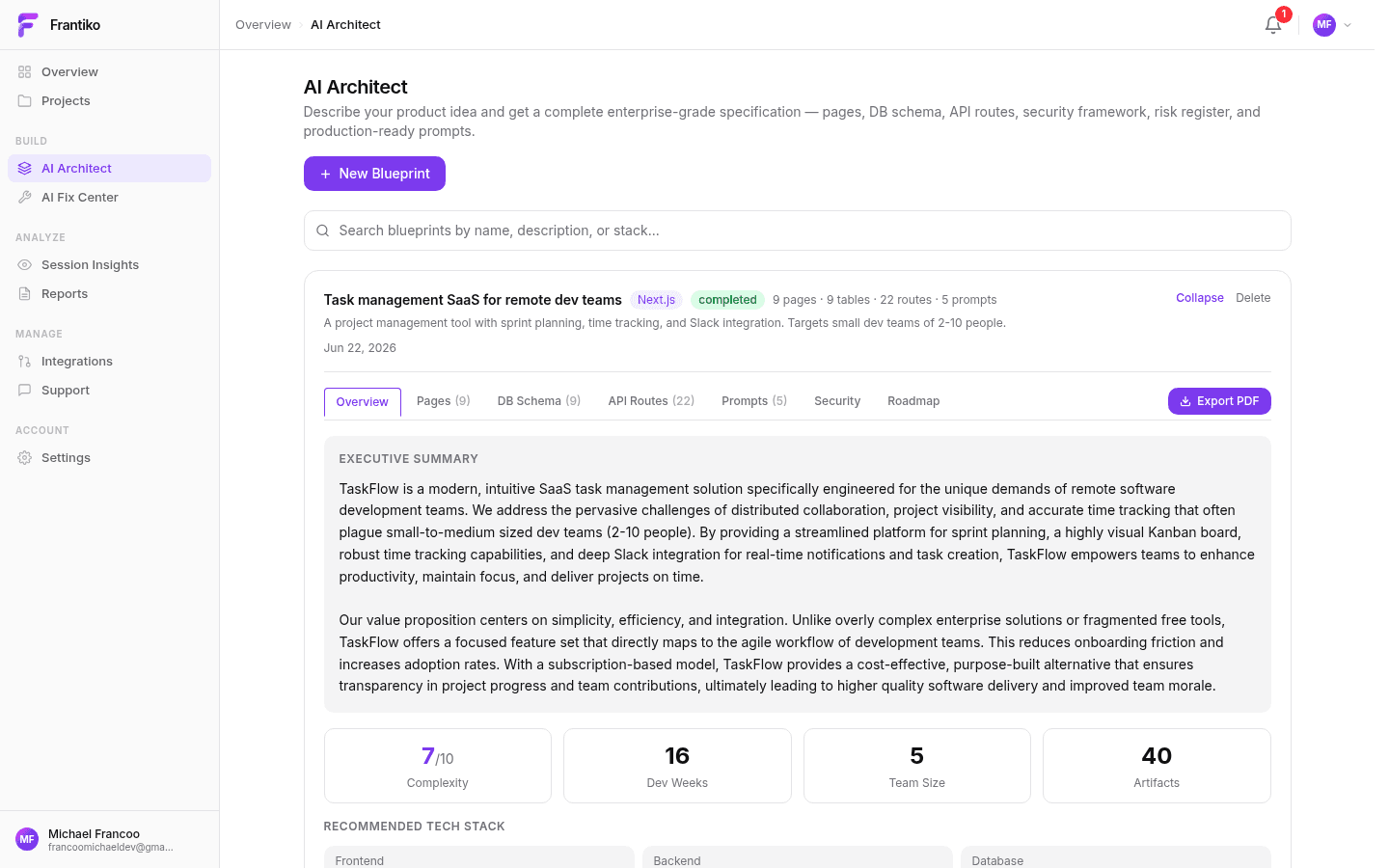 AI Architect dashboard — blueprint generation interface
