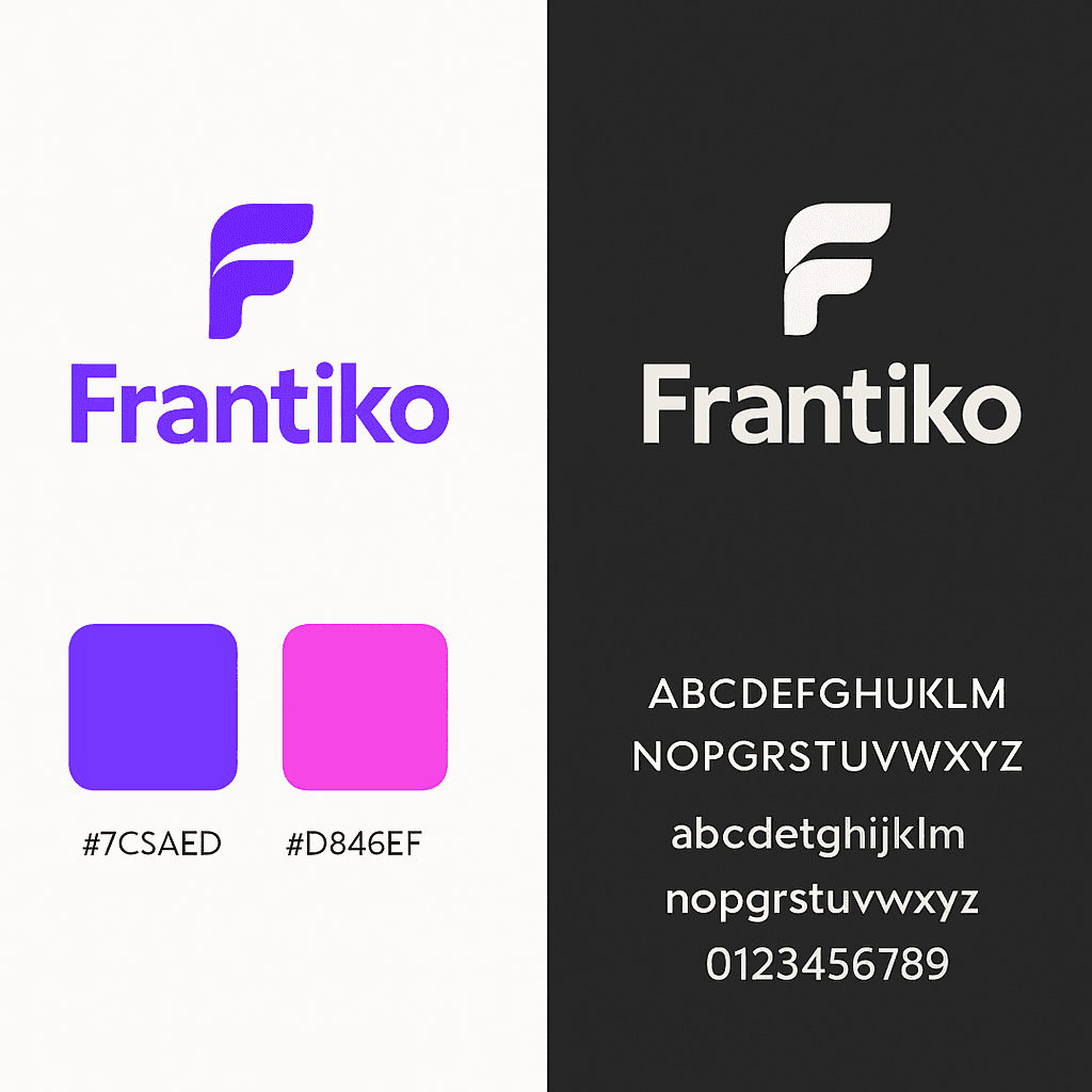 Frantiko brand kit showing logos, colors, and typography
